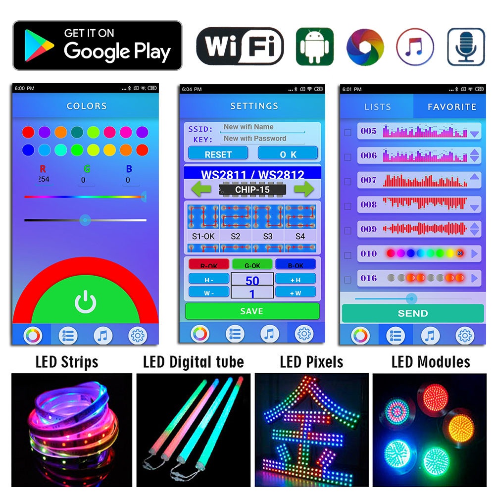 DC7-24V, One Channel, 2019 Newest LED WIFI  Music Spectrum Android Controller, For DMX512, LPD6803,WS2811,WS2812B, WS2801 Addressable LED Strip Lights, APP Surport Input Content, Google Play Download